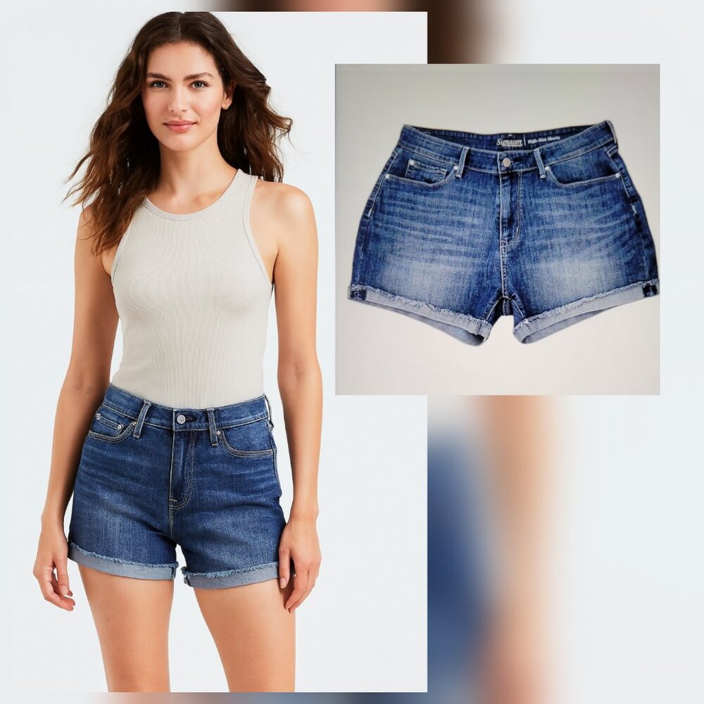 Levi's High-Rise Denim Shorts with Rolled Cuff and Frayed Tacked Hem Size 14